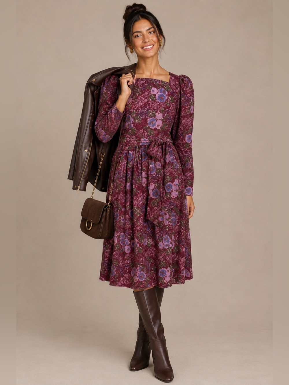 Vintage Laura Ashley Gorgeous Floral Long Sleeve Midi Dress w/ Belt & Pockets 10